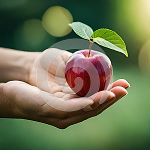 Hands holding a fresh red apple on blurred green background