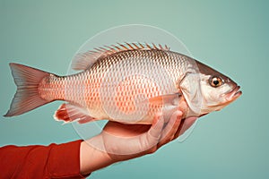Hands holding fresh tilapia fish on pastel background, fresh food ingredients, Healthy food