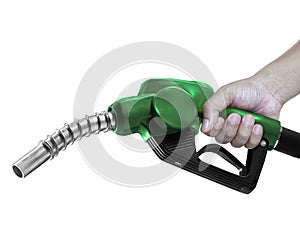 Hands holding Fuel green nozzle with hose isolated on white background