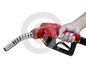 Hands holding Fuel red nozzle with hose isolated on white background