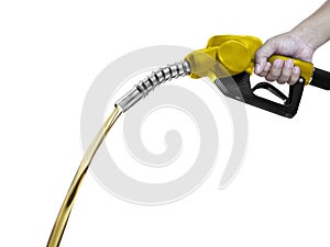 Hands holding Fuel yellow nozzle with hose isolated on white background