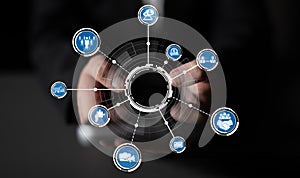 Hands Holding Future Innovation Through Digital Connection with Icons Depicting Technology, Communication, and