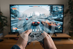 Hands Holding Game Controller Playing Video Game (35