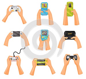 Hands holding gamepads set, retro and modern game gadgets, gaming concept vector Illustration on a white background