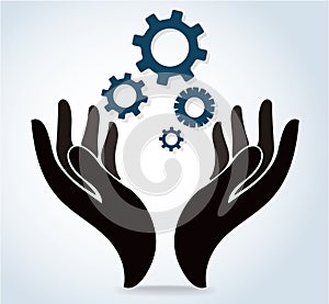 Hands holding gear design logo icon vector