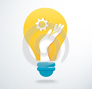 Hands holding gear icon in light bulb icon vector, creative concept