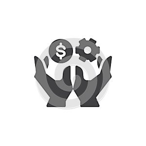 Hands holding gear and money vector icon