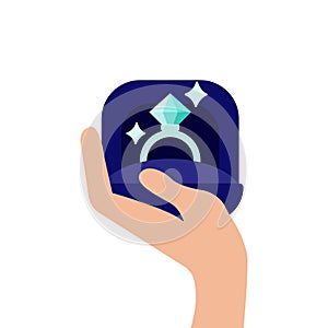 Hands holding gift box with wedding ring. Proposal for marriage, matchmaking and betrothal. Flat vector icon