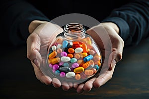 Hands holding glass bowl full of medication with different types and colours. AI generated