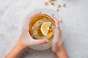 Hands holding a glass cup with chamomile herbal tea on a light background. The concept of a healthy drink for health and immunity