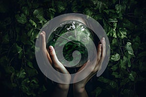 Hands holding glass globe ball with tree and green nature background. eco environment concept. Generative Ai.