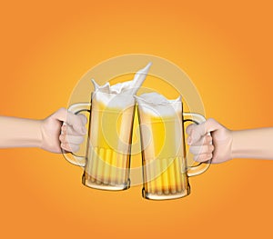 Hands holding glass mugs with beer raised in a festive toast