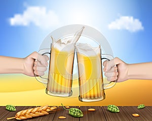 Hands holding glass mugs with beer raised in toast