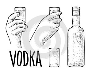 Hands holding glass vodka. Vintage vector engraving