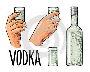 Hands holding glass vodka. Vintage vector engraving