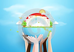 Hands holding globe and Eco city concept. Paper art and craft style