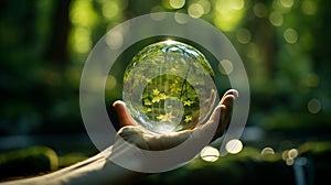 Hands holding globe glass in green forest, Environment concept.