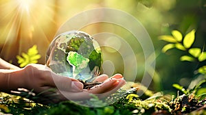 Hands Holding Globe Glass In Green Forest - Environment Concept - AI generated