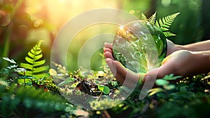 Hands Holding Globe Glass In Green Forest - Environment Concept - AI generated