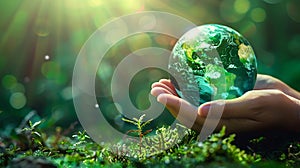 Hands Holding Globe Glass In Green Forest - Environment Concept - AI generated
