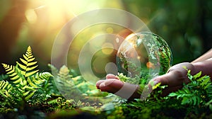 Hands Holding Globe Glass In Green Forest - Environment Concept - AI generated