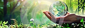 Hands Holding Globe Glass In Green Forest - Environment Concept world earth day, banner empty space, panoramic