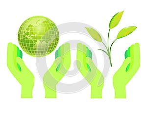 Hands holding the globe and a green plant