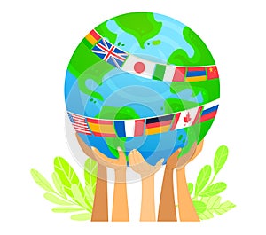 Hands holding globe with international flags. Unity and environmental conservation concept vector illustration