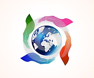 Hands holding a globe world map logo
