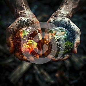 hands holding globes, flourishing and polluted, demonstr differ bw destruction and conservation