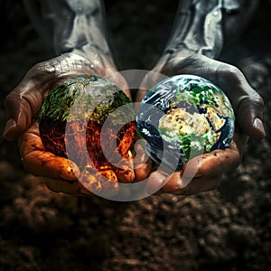 hands holding globes, flourishing and polluted, demonstr differ bw destruction and conservation