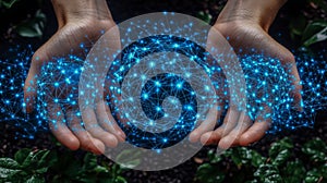 Hands Holding Glowing Blue Digital Network Sphere