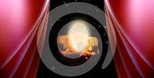 Hands holding glowing crystal ball with red curtains panorama