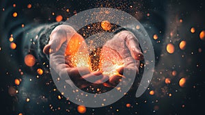 Hands holding glowing orange sparks in a dramatic setting