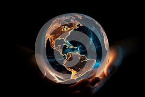 Hands holding glowing planet Earth globe. Generative AI