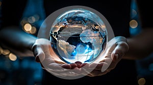 Hands holding glowing world globe