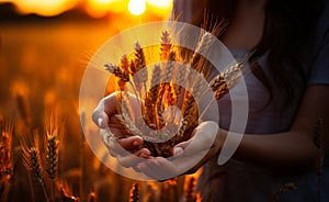 Hands holding grain in the field at sunset. A woman holding a bunch of wheat in her hands