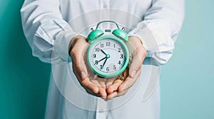 Hands Holding Green Alarm Clock.AI generated image