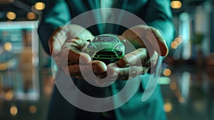 The Hands Holding Green Car. AI generated