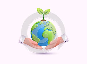Hands holding green earth with sprout representing eco-friendly planet protection. 3D Web Vector Illustrations