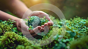 Hands Holding green Globe In Green Forest - Environment Concept