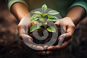 Hands holding green plant sprout growing through black soil