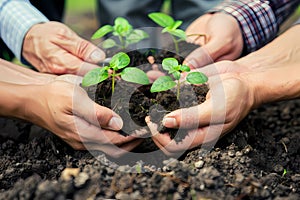 Hands holding green seedling growing in soil. Environment conservation concept. Ai generated