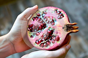 hands holding half a pomegranate with visible sectioning for aril removal photo