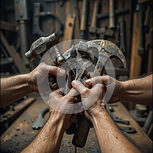 Hands Holding Hammers and Wrench in a Workshop