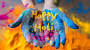 Hands holding a handful of colored powder paints with the text Happy Holi