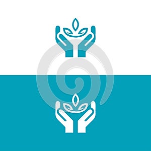 Hands holding Hands human protection with leafs vector image.Vector thin sign of environment protection, ecology concept logo.