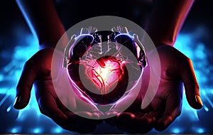 Hands holding a heart with glowing lights.