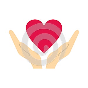 Hands holding heart icon, flat style