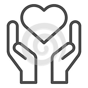 Hands holding heart line icon. Charity and love shape in palms symbol, outline style pictogram on white background